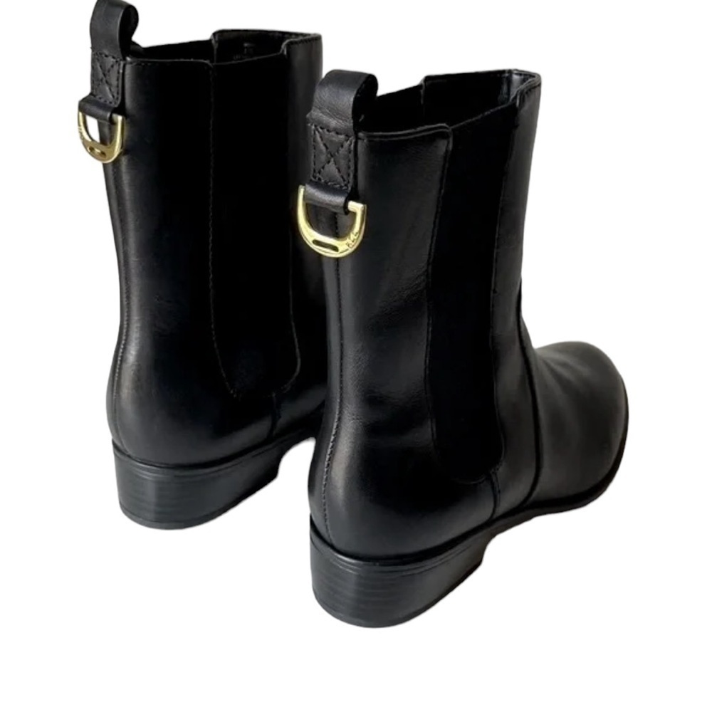 Lauren Ralph Lauren Black Leather Ankle Boots with Gold Buckle Accent - Picture 2 of 9